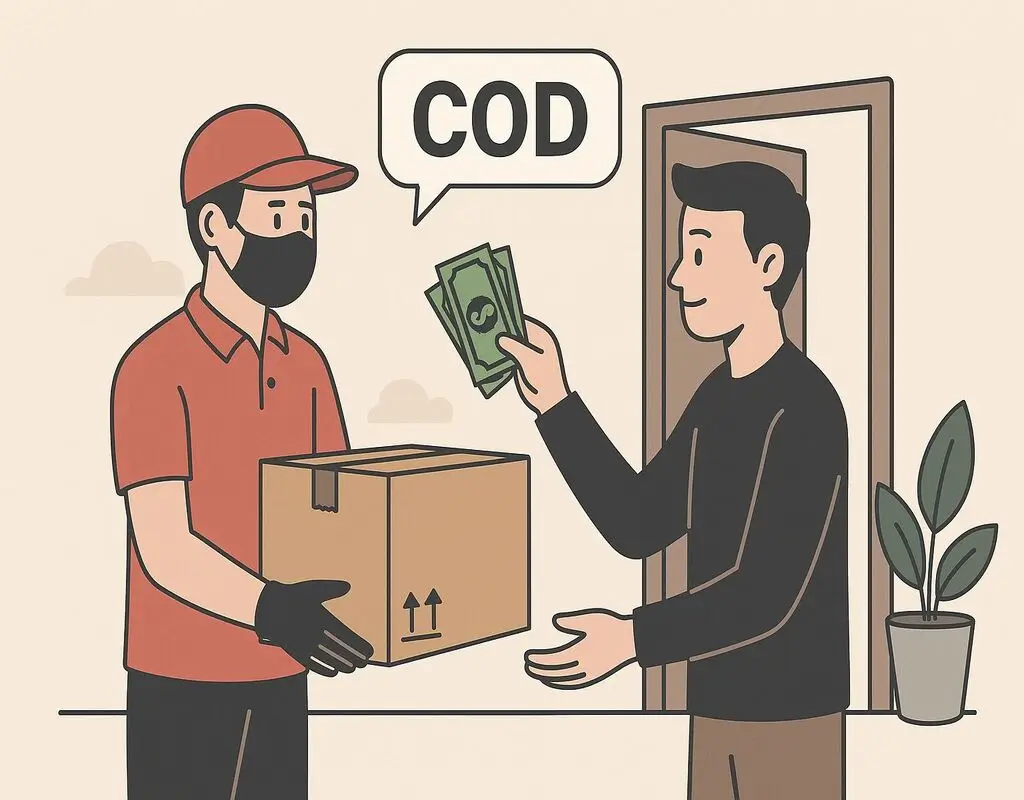 "Cash on Delivery in 2025 question with icons of a package and a dollar bill on a teal background"