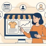 Illustration of a woman analyzing online customer behavior on a digital storefront using a tablet.