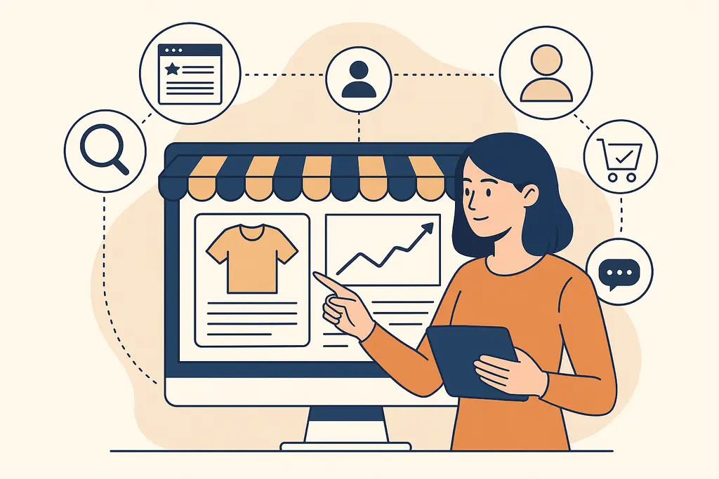 Illustration of a woman analyzing online customer behavior on a digital storefront using a tablet.
