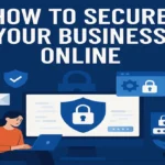 Illustration showing a woman on a laptop with cybersecurity icons and the title "How to Secure Your Business Online."