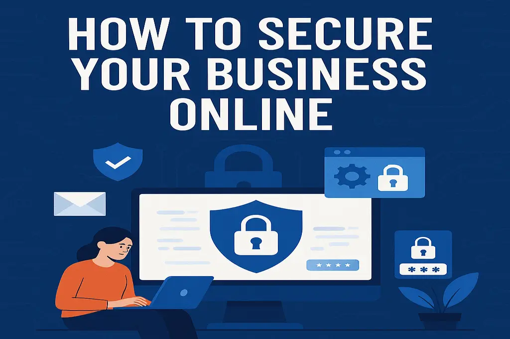 Illustration showing a woman on a laptop with cybersecurity icons and the title "How to Secure Your Business Online."