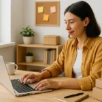Person working on their small business at home in a cozy, organized workspace