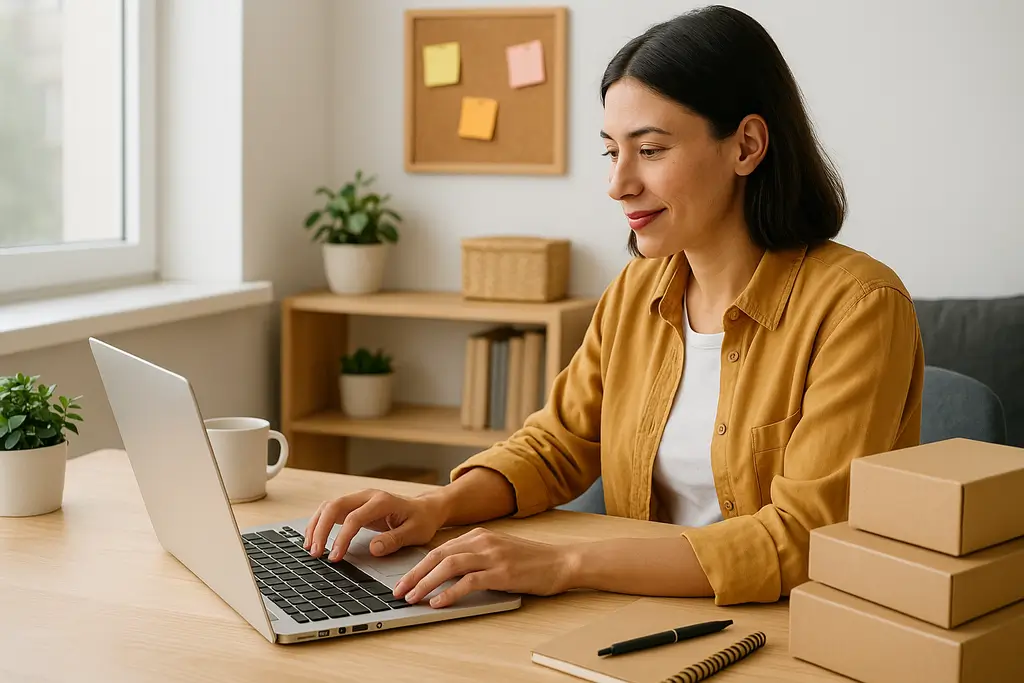 Person working on their small business at home in a cozy, organized workspace