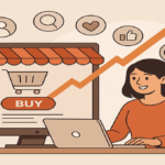 A woman sitting at a desk using a laptop to manage an online store, with an upward arrow indicating sales growth and icons representing digital engagement.