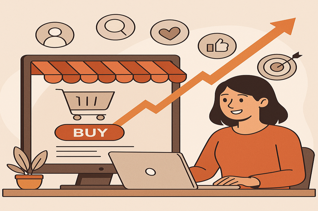 A woman sitting at a desk using a laptop to manage an online store, with an upward arrow indicating sales growth and icons representing digital engagement.