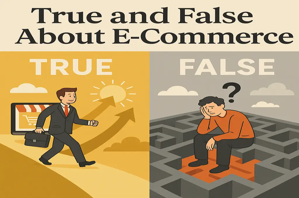 Illustration showing the contrast between true and false beliefs about e-commerce, with a successful businessman on the left and a confused man in a maze on the right.