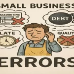 Cartoon of a worried small business owner surrounded by common business errors like accounting mistakes, debt, lateness, and poor quality.