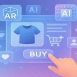 E-commerce customer interacting with a futuristic digital shopping interface.
