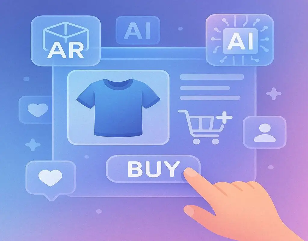 E-commerce customer interacting with a futuristic digital shopping interface.