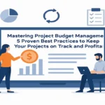 Illustration of two professionals managing a project budget on a laptop screen with graphs and icons, highlighting best practices.