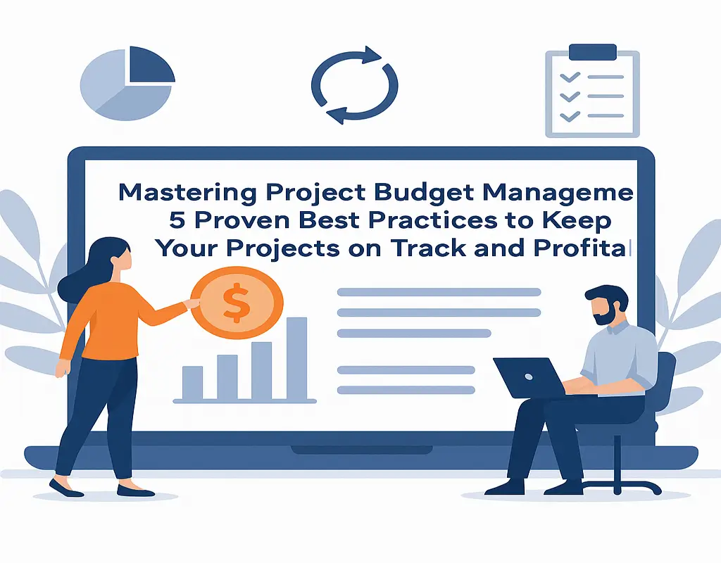 Illustration of two professionals managing a project budget on a laptop screen with graphs and icons, highlighting best practices.