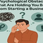 Illustration of a confused man surrounded by symbols like question marks, tangled thoughts, and broken chains, representing psychological barriers to starting a business.