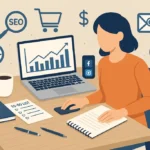 "Entrepreneur managing online business with laptop, digital tools, and marketing icons"