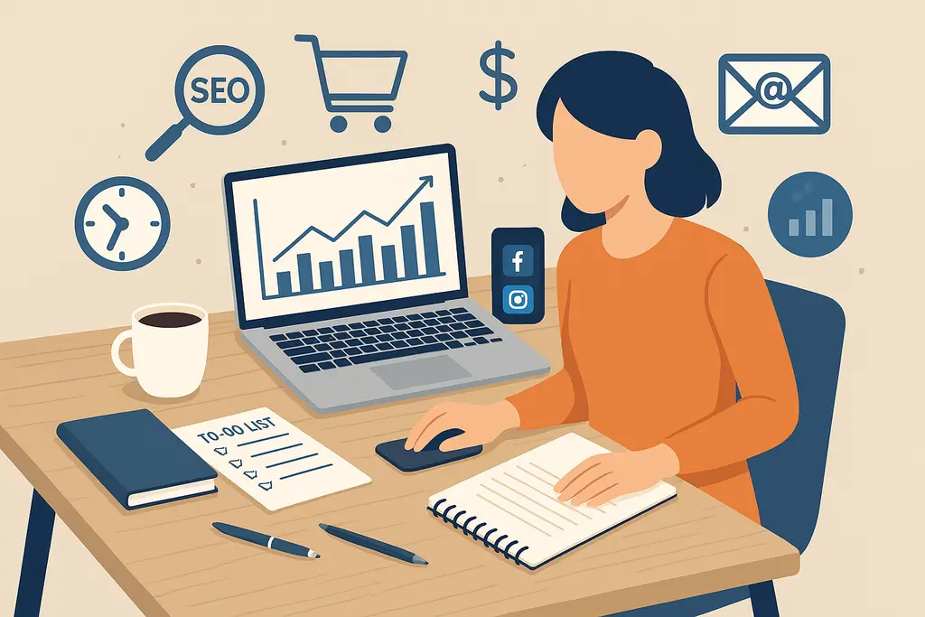 "Entrepreneur managing online business with laptop, digital tools, and marketing icons"