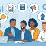 Illustration of diverse entrepreneurs discussing business strategy, surrounded by icons representing essential business skills such as finance, marketing, and planning.