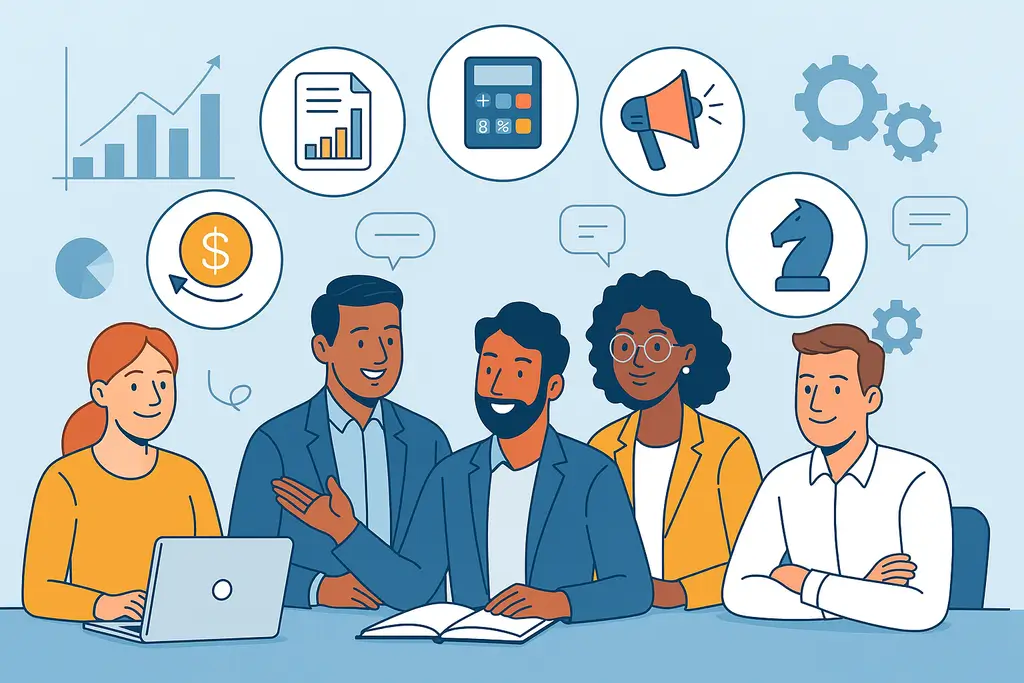 Illustration of diverse entrepreneurs discussing business strategy, surrounded by icons representing essential business skills such as finance, marketing, and planning.