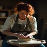 A woman with red hair wearing an apron carefully shapes clay on a pottery wheel in a softly lit studio.