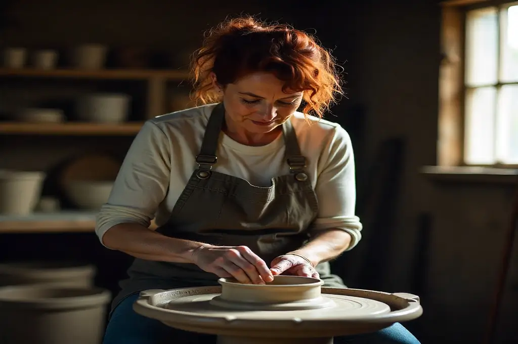 A woman with red hair wearing an apron carefully shapes clay on a pottery wheel in a softly lit studio.